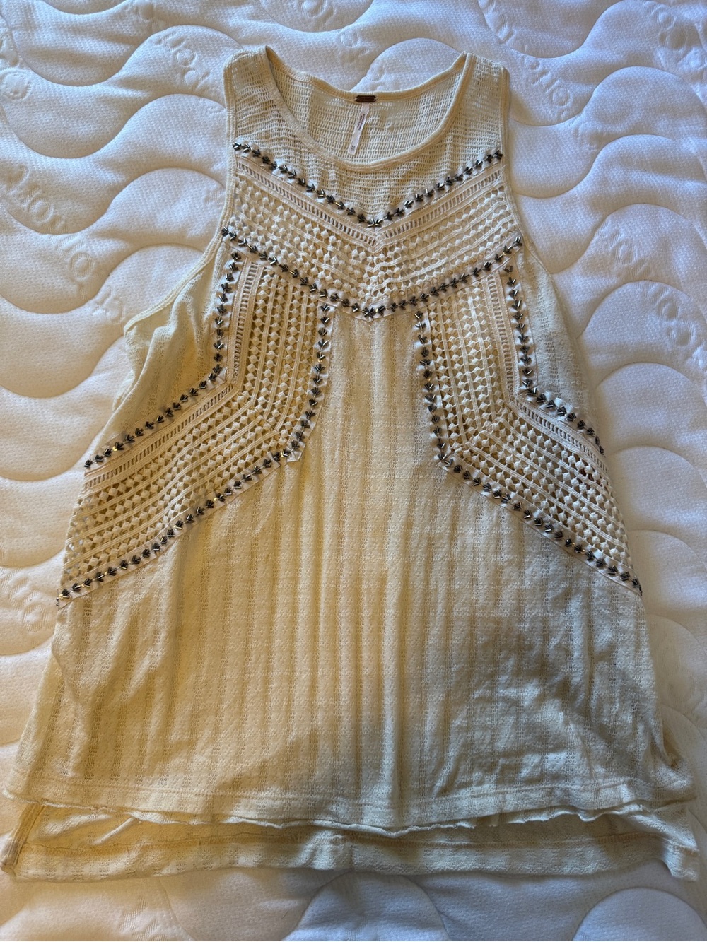 Free People Cream Embroidered Crochet Tank